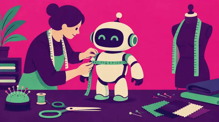 Ilustração de uma costureira a tirar medidas a um pequeno robô, com fita métrica e manequim