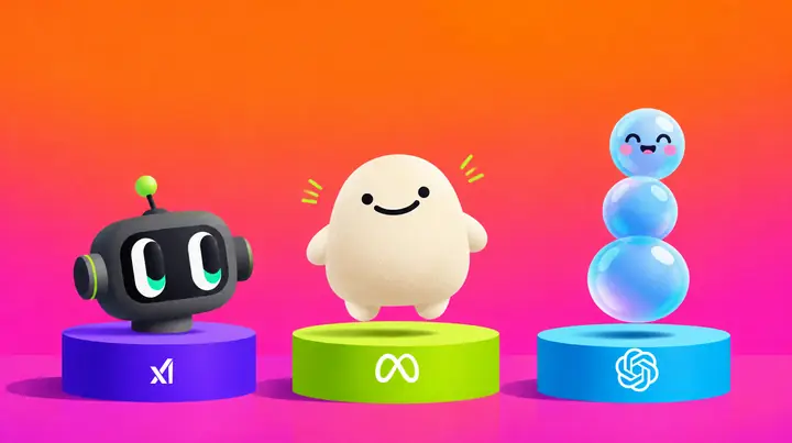 Ilustração com três mascotes em pódios: um robô de olhos grandes com o símbolo da xAI, um boneco cor de creme sorridente com o símbolo da Meta, e três bolhas empilhadas com o símbolo da OpenAI