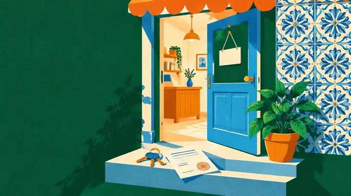 Ilustração da porta aberta de uma pequena loja com chaves, um documento carimbado e um vaso, junto a uma parede de azulejos