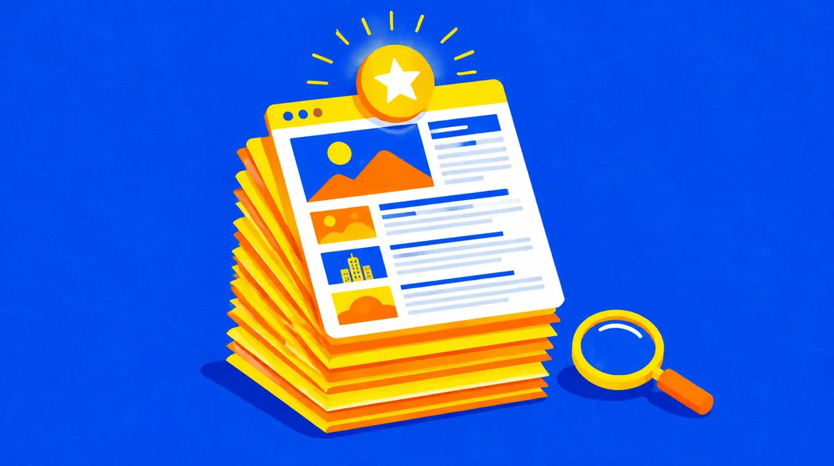 Ilustração de uma pilha de páginas web com uma estrela em destaque e uma lupa, sobre fundo azul