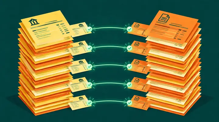 Ilustração de duas pilhas de documentos, extractos bancários e facturas, ligadas por fios luminosos com marcas de verificação