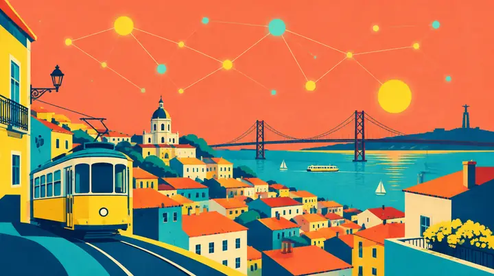Ilustração de Lisboa com eléctrico amarelo e a ponte 25 de Abril, com uma rede de nós luminosos no céu