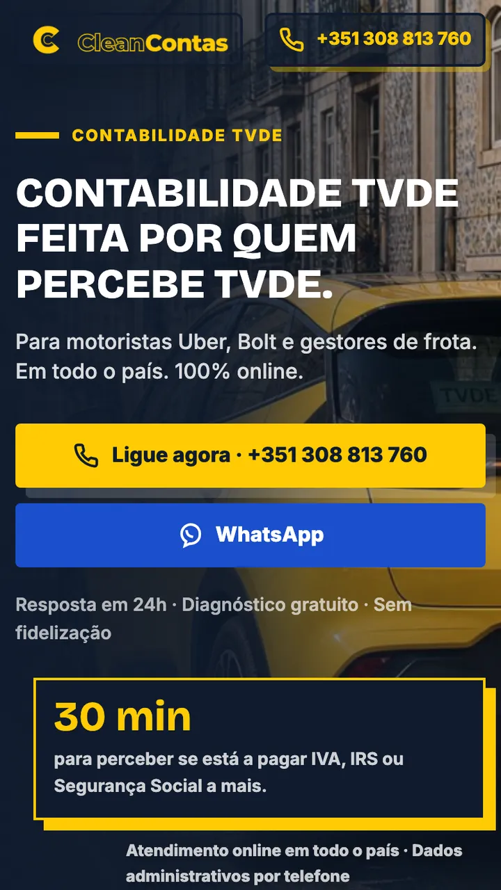 Página inicial da Clean Contas em telemóvel, contabilidade TVDE online