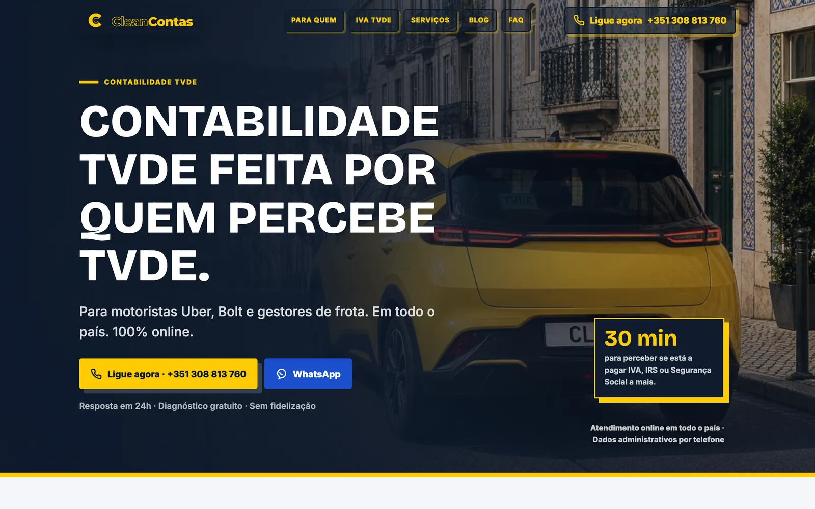 Página inicial da Clean Contas, contabilidade TVDE online