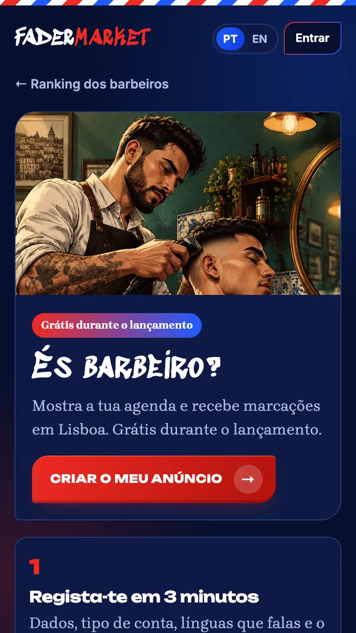 Página para barbeiros do FaderMarket em telemóvel