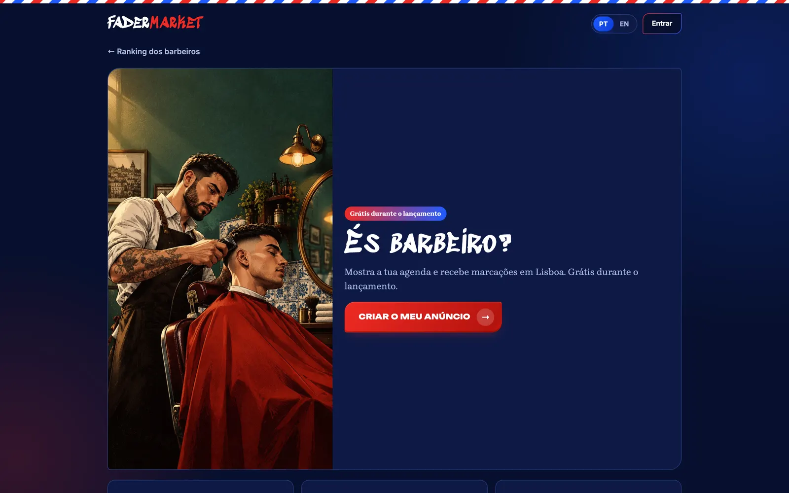 Página para barbeiros do FaderMarket, com ilustração de um barbeiro a cortar cabelo