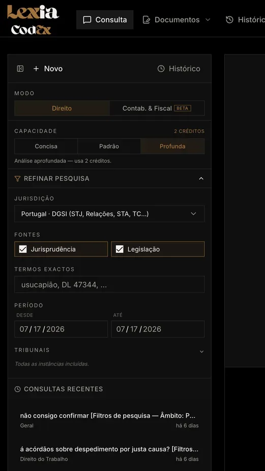Interface da Lexia, consulta jurídica com filtros
